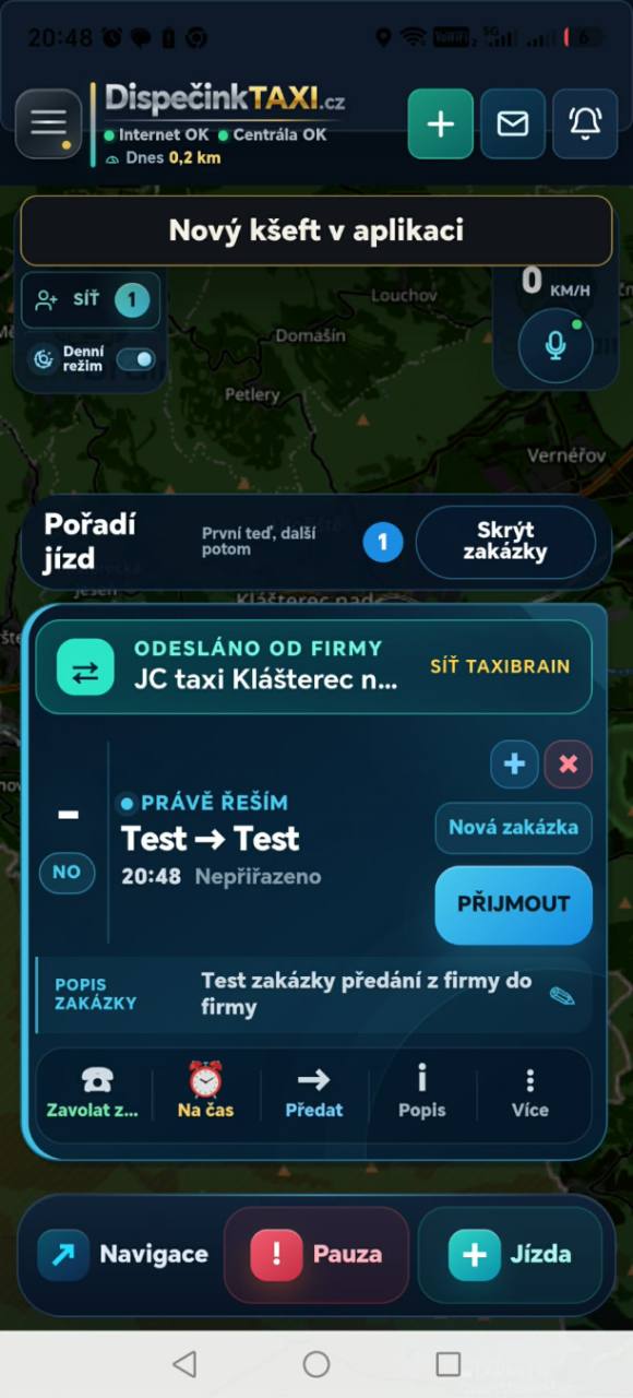 Zakázka odeslaná z JC taxi Klášterec nad Ohří do Driveru Taxi Kadaň
